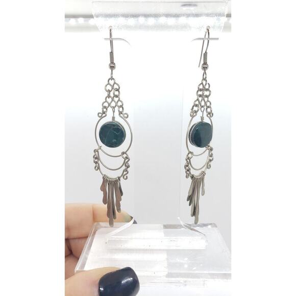 Boho Dangle Earrings Silver Tone Green Malachite Gem Chandelier Long 4.5 Inch - Picture 3 of 5